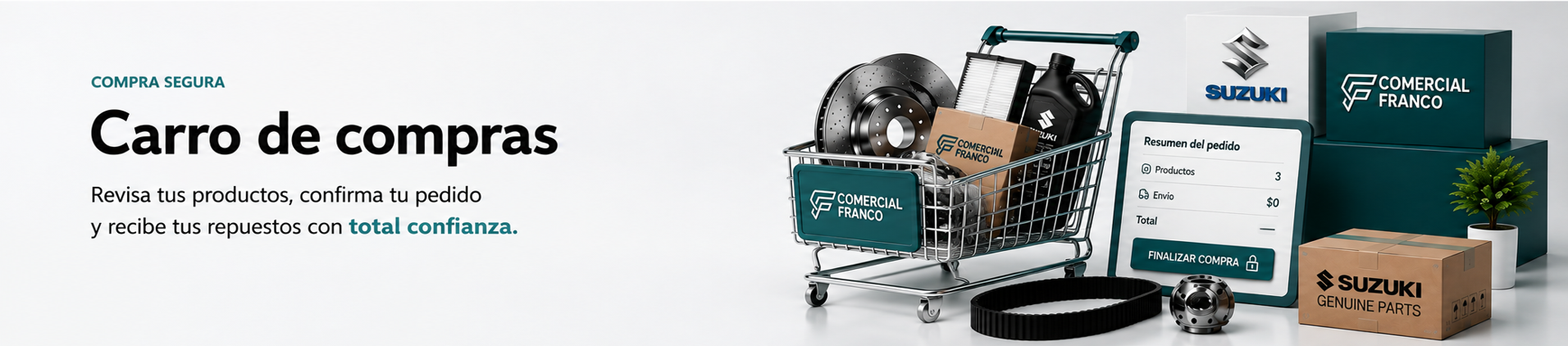 Carro de compras en Comercial Franco: revisa tus productos, confirma tu pedido y recibe tus repuestos con total confianza. Compra 100% segura.