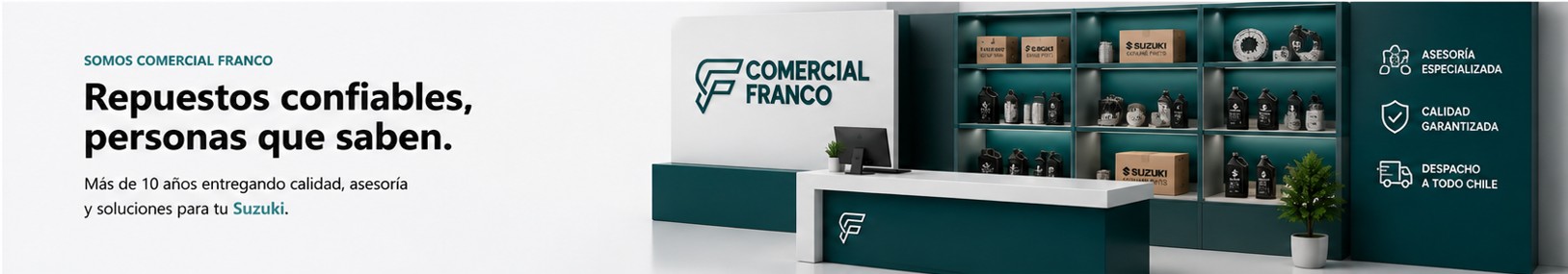 Comercial Franco: repuestos confiables, personas que saben. Mas de 10 anos entregando calidad, asesoria y soluciones para tu Suzuki.